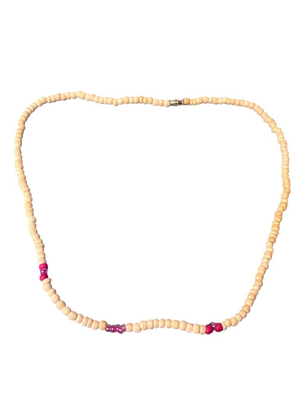 Vtg Artisan Boho Wooden Seed Bead Necklace Pink Glass Accent Beads Barrel Clasp